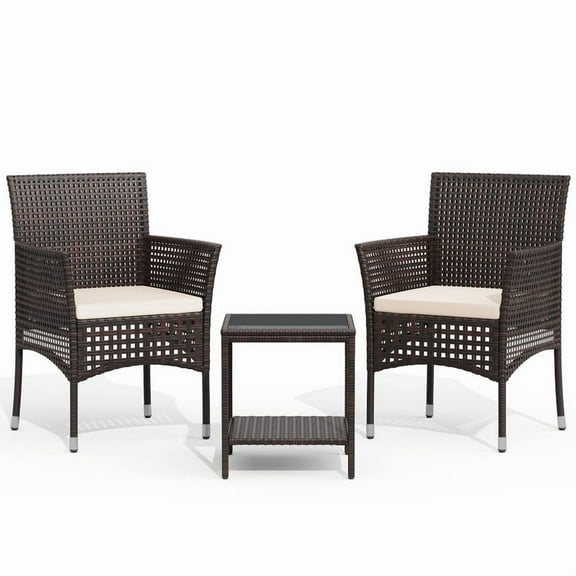 Lacoo 3 Pieces Outdoor Conversation Set Rattan Patio Furniture Bistro Chat Chairs Set of 2 with Table for Garden Porch, Brown
