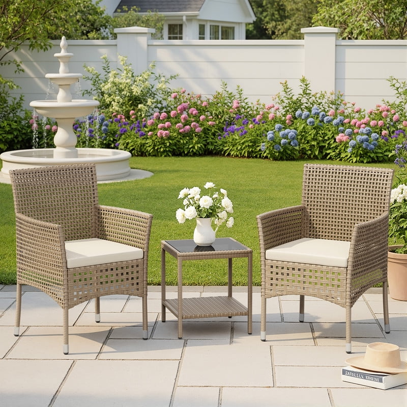 Lacoo 3 Pieces Outdoor conversation Set Rattan Patio Furniture Bistro Chat Chairs Set of 2 with Table for Garden Porch, Gray