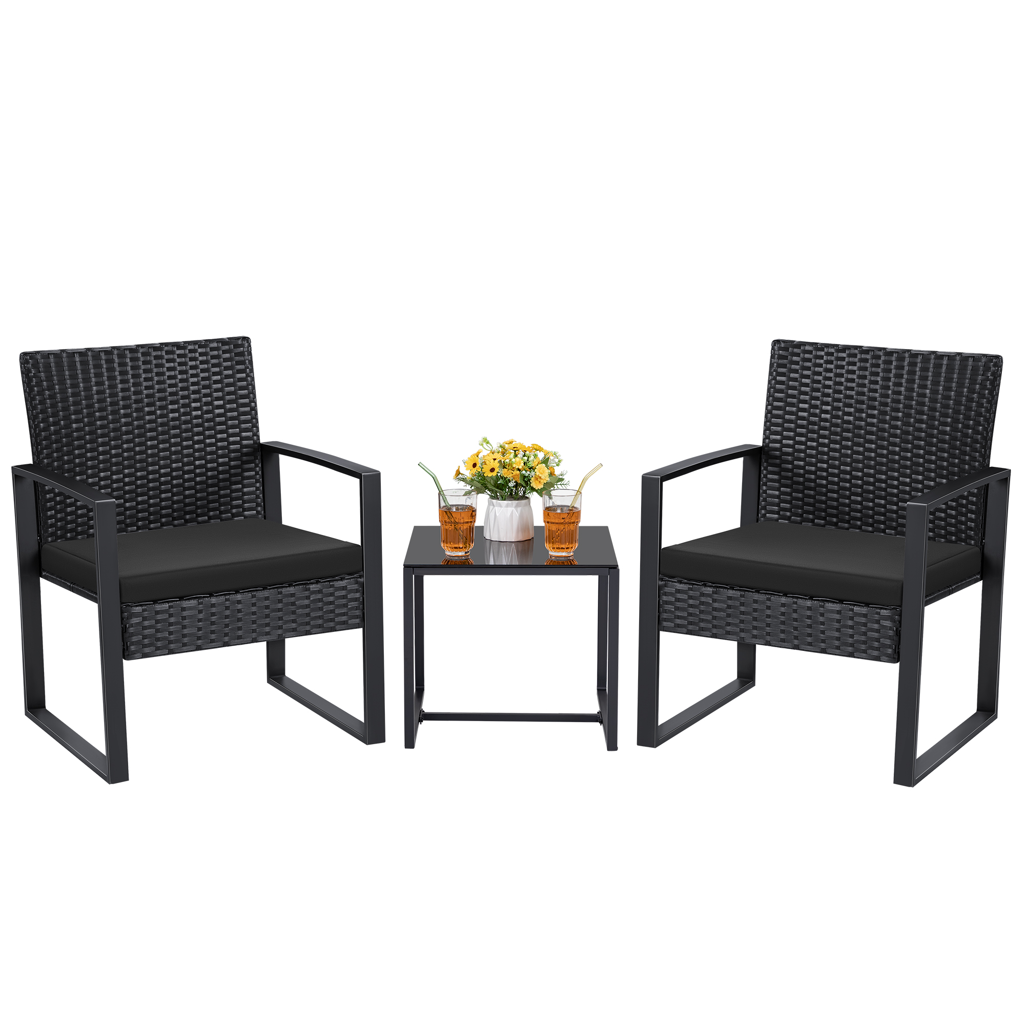 Lacoo 3 Pieces Patio Conversation Set PE Rattan Bistro Chairs Set of 2 with Coffee Table, Black - image 1 of 8