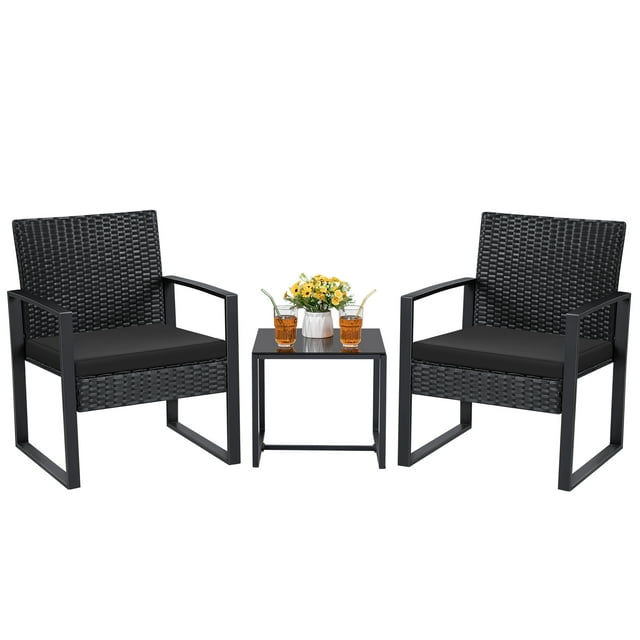 Lacoo 3 Pieces Patio Conversation Set PE Rattan Bistro Chairs Set of 2 with Coffee Table, Black