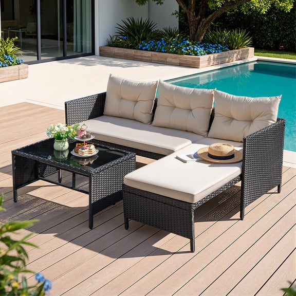 Lacoo 3 Pieces Patio Furniture Conversation Set All-Weather Wicker Rattan Outdoor Furniture Set with Tempered Glass Coffee Table for Backyard