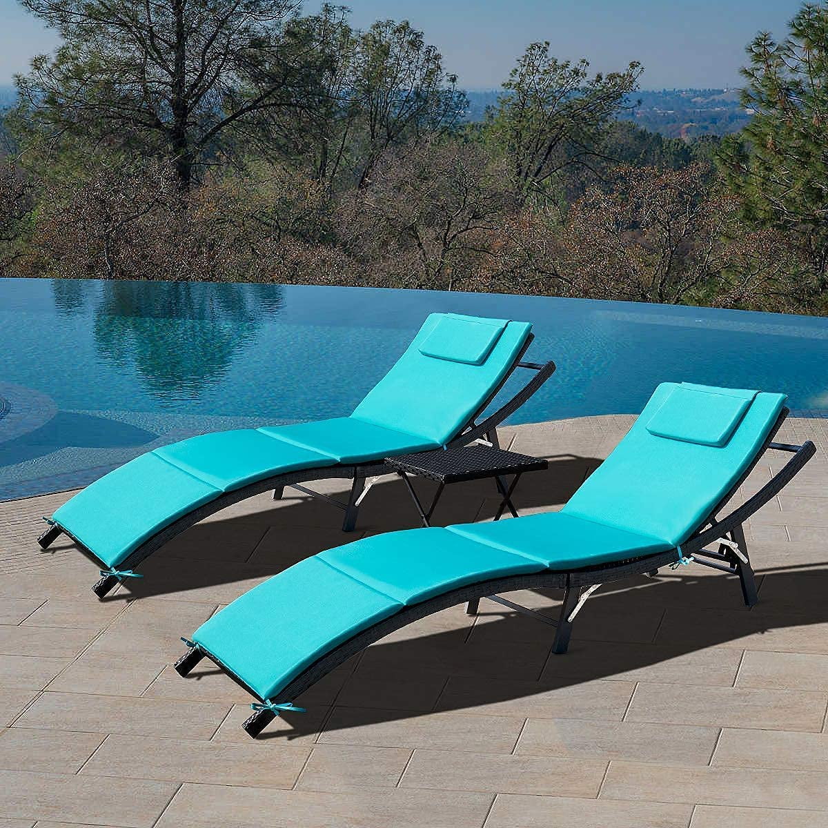 Set of 3 Patio Chaise Lounge Set, Wood Portable Extended Chaise Lounge Set  with Foldable Tea Table for 2 Person, Outside Tanning Chairs Recliner Chair  for Balcony Poolside Garden, Gray 