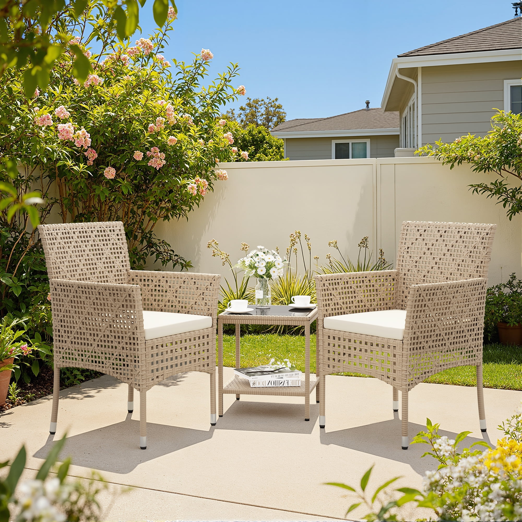 Lacoo 3 Pieces Patio Furniture PE Rattan Wicker Table and Outdoor Chairs Set of 2 with Cushioned Tempered Glass, Gray