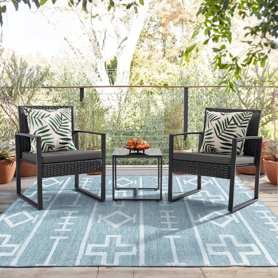 Lacoo 3 Pieces Patio Indoor Conversation Set Cushioned PE Rattan Bistro Chairs Set of 2 with Coffee Table, Black/Grey