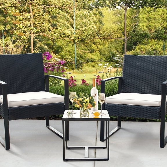 Lacoo 3 Pieces Patio Indoor Furniture Cushioned PE Rattan Bistro Chairs Set of 2 with Table, Black/White