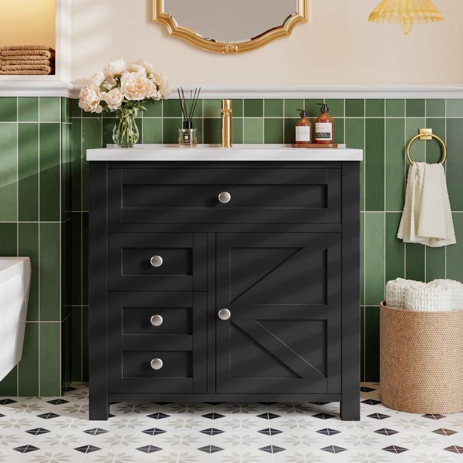 Lacoo 30'' Bathroom Vanity with Resin Sink, Wood Bathroom Storage Cabinet with Drawers and Shelves for Bathroom, Black