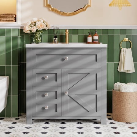 Lacoo 30'' Bathroom Vanity with Resin Sink, Wood Bathroom Storage Cabinet with Drawers and Shelves for Bathroom, Gray