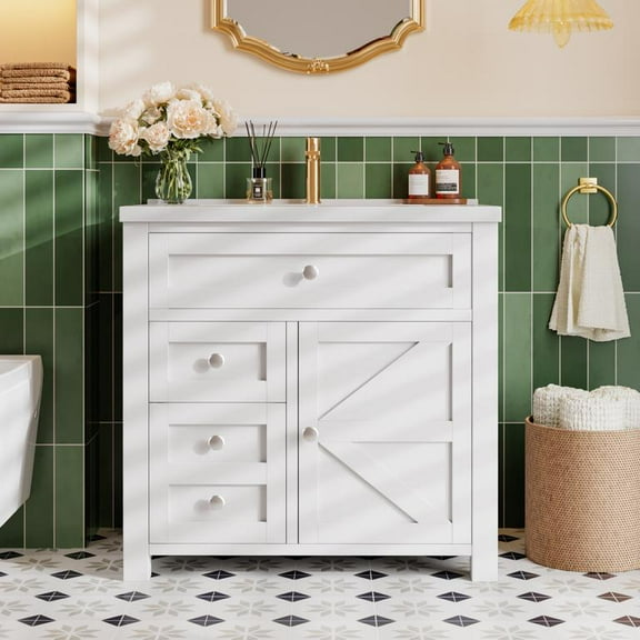 Lacoo 30'' Bathroom Vanity with Resin Sink, Wood Bathroom Storage Cabinet with Drawers and Shelves for Bathroom, White