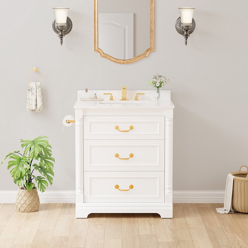 Lacoo 30" White Freestanding Bathroom Vanity with Ceramic Sink, Tilt-Out Drawer & Built-In 4" Backsplash, Gold Hardware Bath Storage Cabinet