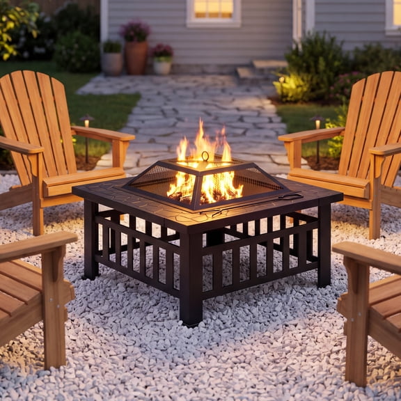 Lacoo 32" Patio Square Fire Pit Table for Patio Backyard BBQ, Ice Storage with Mesh Lid, Poker and Cover, Black