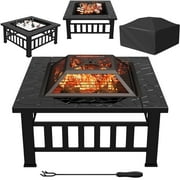 Lacoo 32" Patio Square Fire Pit Table for Patio Backyard BBQ, Ice Storage with Mesh Lid, Poker and Cover, Black