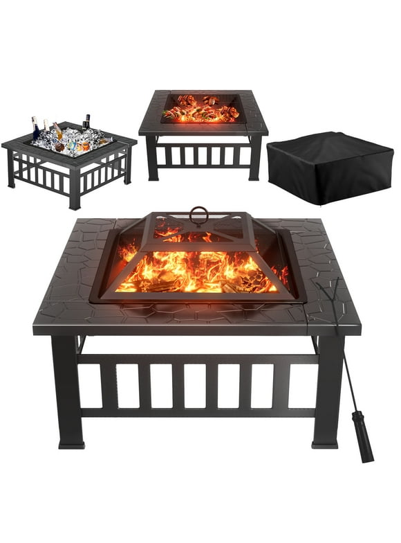 Lacoo 32" Patio Square Fire Pit Table for Patio Backyard BBQ, Ice Storage with Mesh Lid, Poker and Cover, Black