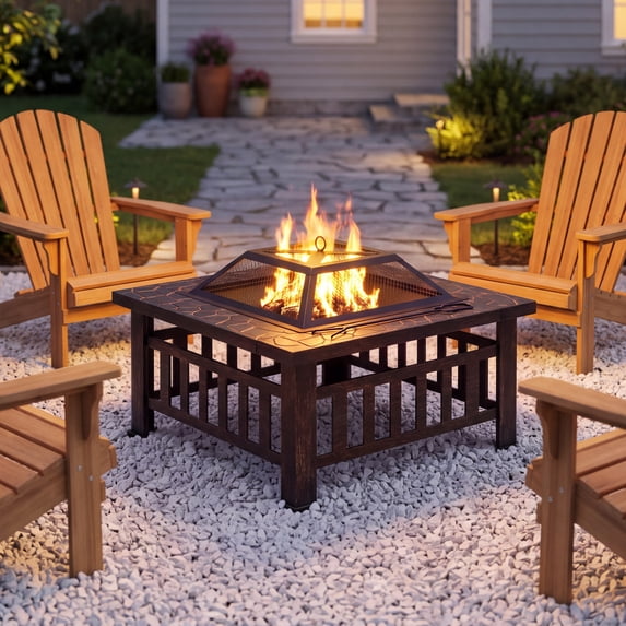 Lacoo 32" Patio Square Fire Pit Table for Patio Backyard BBQ, Ice Storage with Mesh Lid, Poker and Cover, Brown
