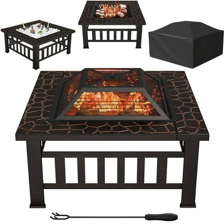 Lacoo 32" Patio Square Fire Pit Table for Patio Backyard BBQ, Ice Storage with Mesh Lid, Poker and Cover, Brown