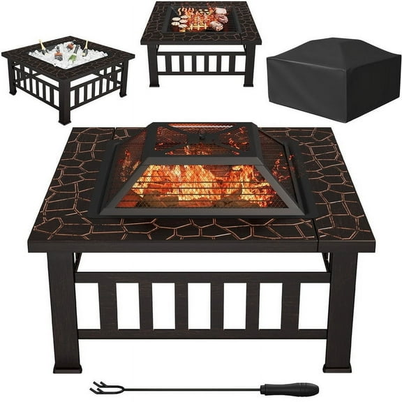 Lacoo 32" Patio Square Fire Pit Table for Patio Backyard BBQ, Ice Storage with Mesh Lid, Poker and Cover, Brown