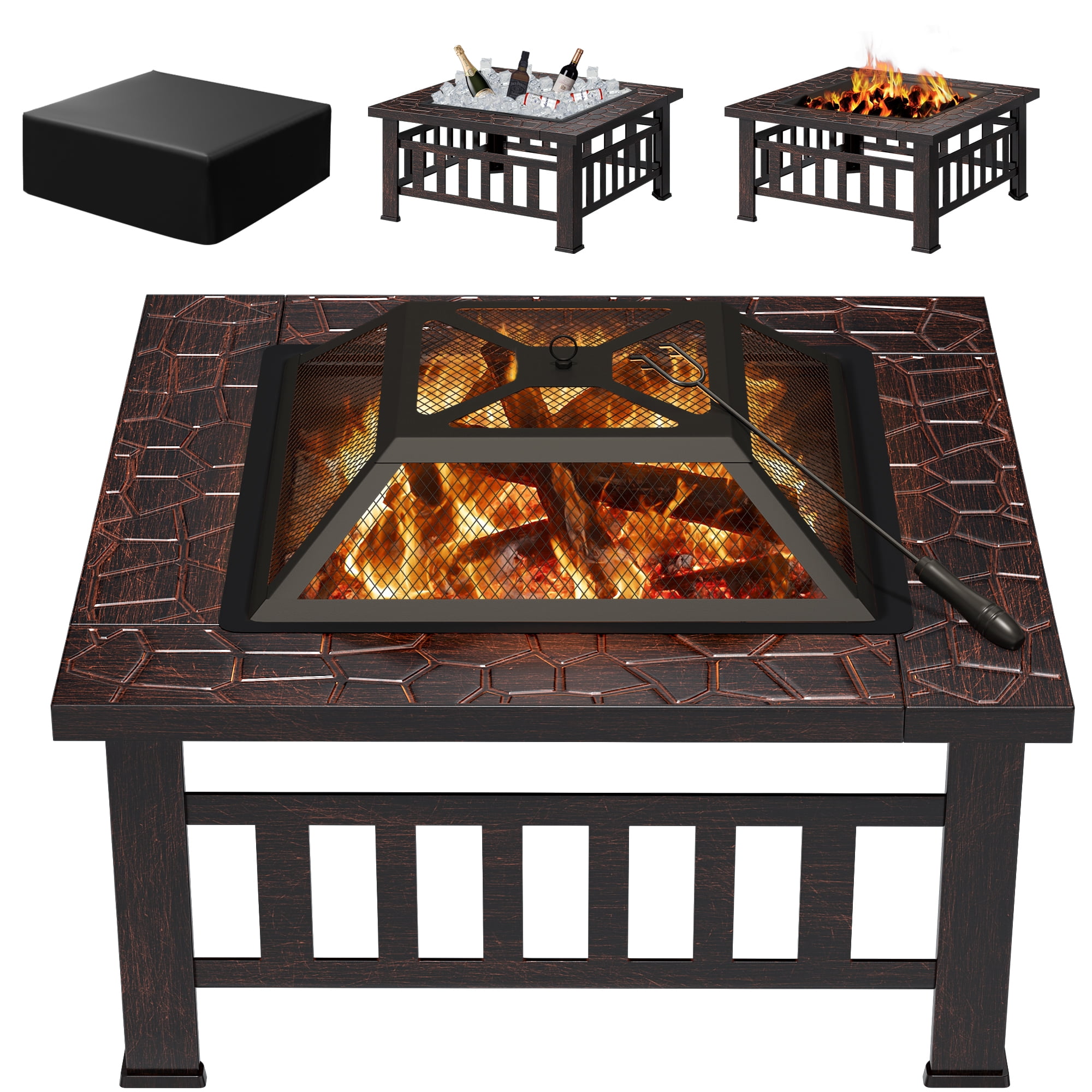 Lacoo 32" Patio Square Fire Pit Table for Patio Backyard BBQ, Ice Storage with Mesh Lid, Poker and Cover, Brown