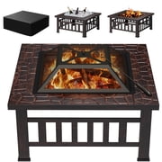 Lacoo 32" Patio Square Fire Pit Table for Patio Backyard BBQ, Ice Storage with Mesh Lid, Poker and Cover, Brown