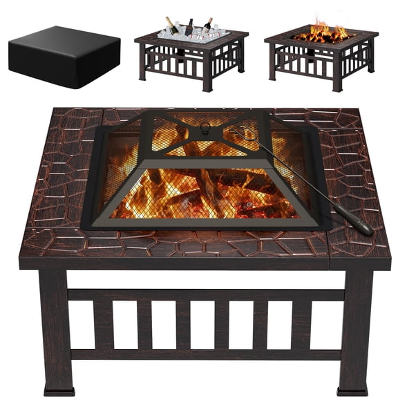 Lacoo 32" Patio Square Fire Pit Table for Patio Backyard BBQ, Ice Storage with Mesh Lid, Poker and Cover, Brown