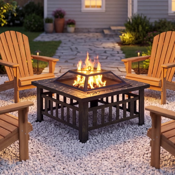 Lacoo 32" Patio Square Fire Pit Table for Patio Backyard Fire Heating with Mesh Lid Poker and Protective Cover, Gold
