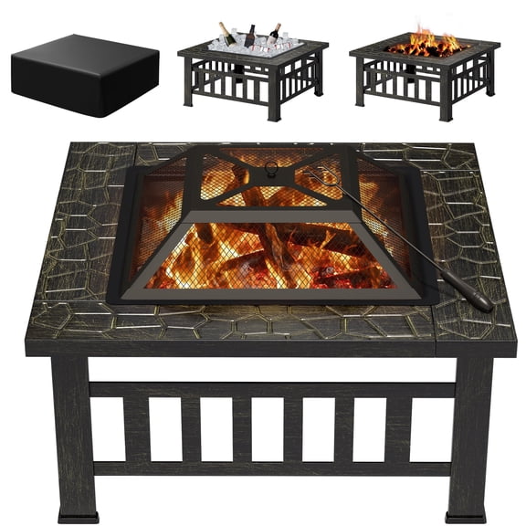 Lacoo 32" Patio Square Fire Pit Table for Patio Backyard Fire Heating with Mesh Lid Poker and Protective Cover, Gold