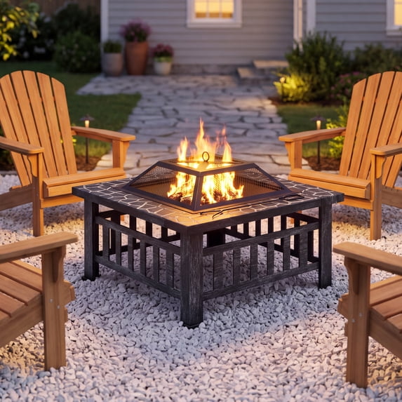 Lacoo 32" Patio Square Fire Pit Table for Patio Backyard Fire Heating with Mesh Lid Poker and Protective Cover, Sliver