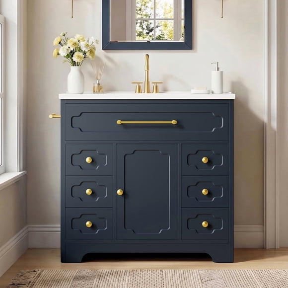 Lacoo 36'' Bathroom Vanity with Ceramic Sink Top, Modern Bathroom Storage Cabinet with Soft Close Drawers, Pre-Drilled Faucet Holes, Freestanding Vanity for Bathroom, Blue(2 Pack)