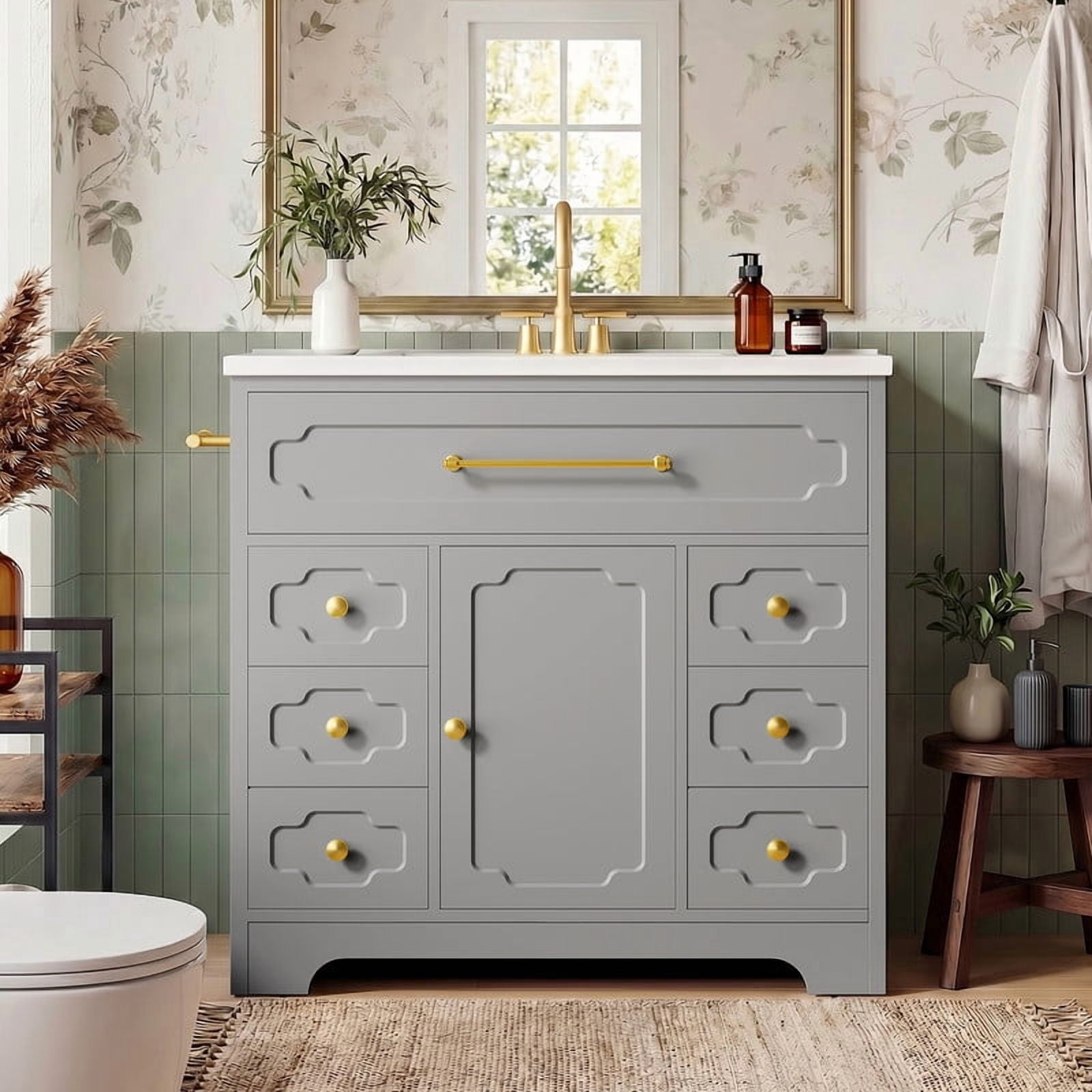 Lacoo 36'' Bathroom Vanity with Ceramic Sink Top, Modern Bathroom Storage Cabinet with Soft Close Drawers, Pre-Drilled Faucet Holes, Freestanding Vanity for Bathroom, Gray(2 Pack)