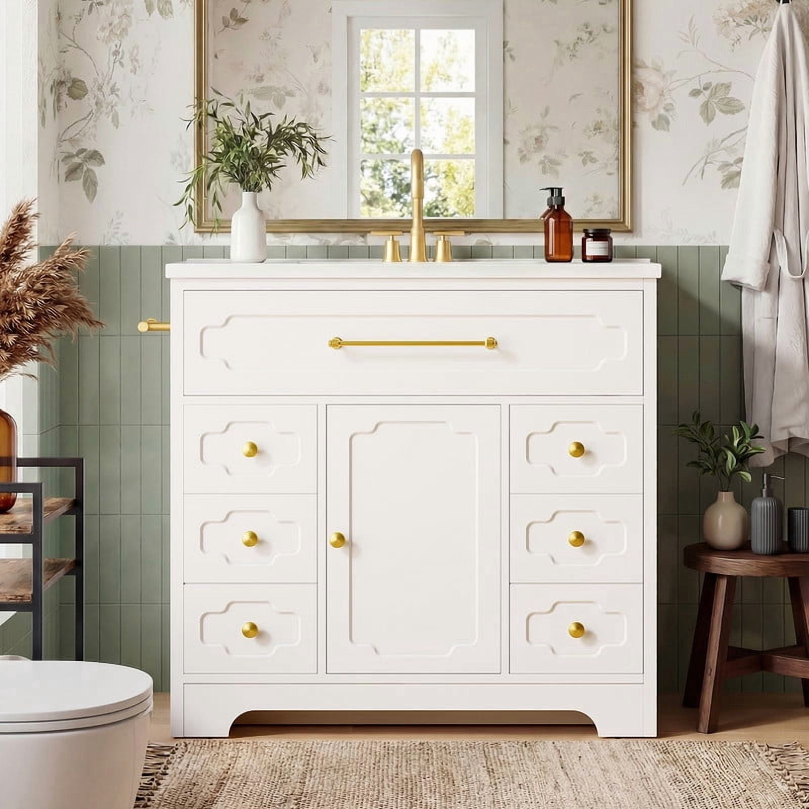 Lacoo 36'' Bathroom Vanity with Ceramic Sink Top, Modern Bathroom Storage Cabinet with Soft Close Drawers, Pre-Drilled Faucet Holes, Freestanding Vanity for Bathroom, White(2 Pack)