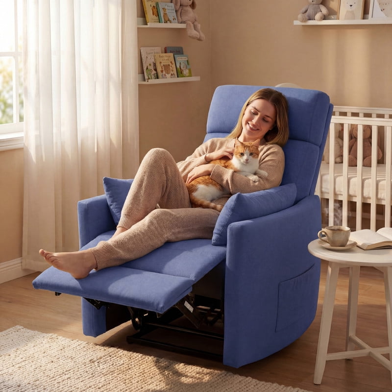Lacoo 360° Swivel Recliner Chair Oversized Adult Nursery Glider Rocking Recliner Upholstered Electric Recliner Chair with 2 Pillows for Living Room,Linen Blue