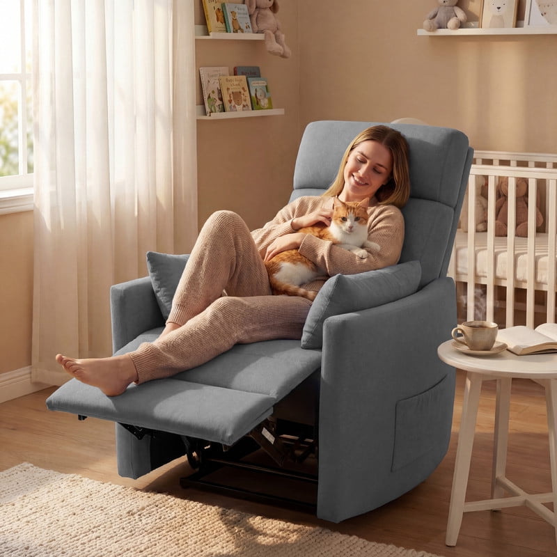 Lacoo 360° Swivel Recliner Chair Oversized Adult Nursery Glider Rocking Recliner Upholstered Electric Recliner Chair with 2 Pillows for Living Room,Linen Gray