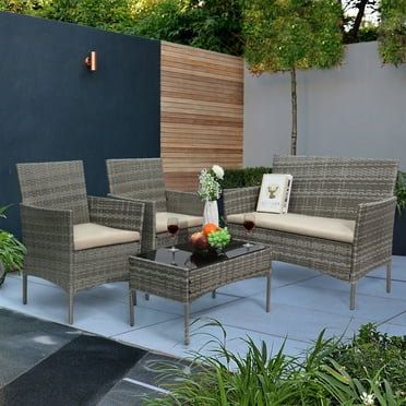 Lacoo 4 PCS Outdoor Patio Indoor Furniture Gray PE Rattan Wicker Table and Chairs Set, 4