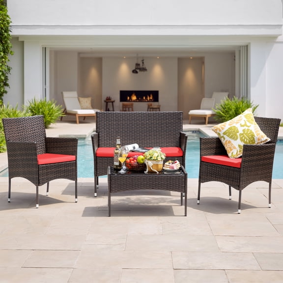 Lacoo 4 Pieces Patio Furniture Set Outdoor Conversation Wicker Rattan Chairs Seating with Cushion and Glass Table Weather-Resistant for Garden Backyard Porch, Red