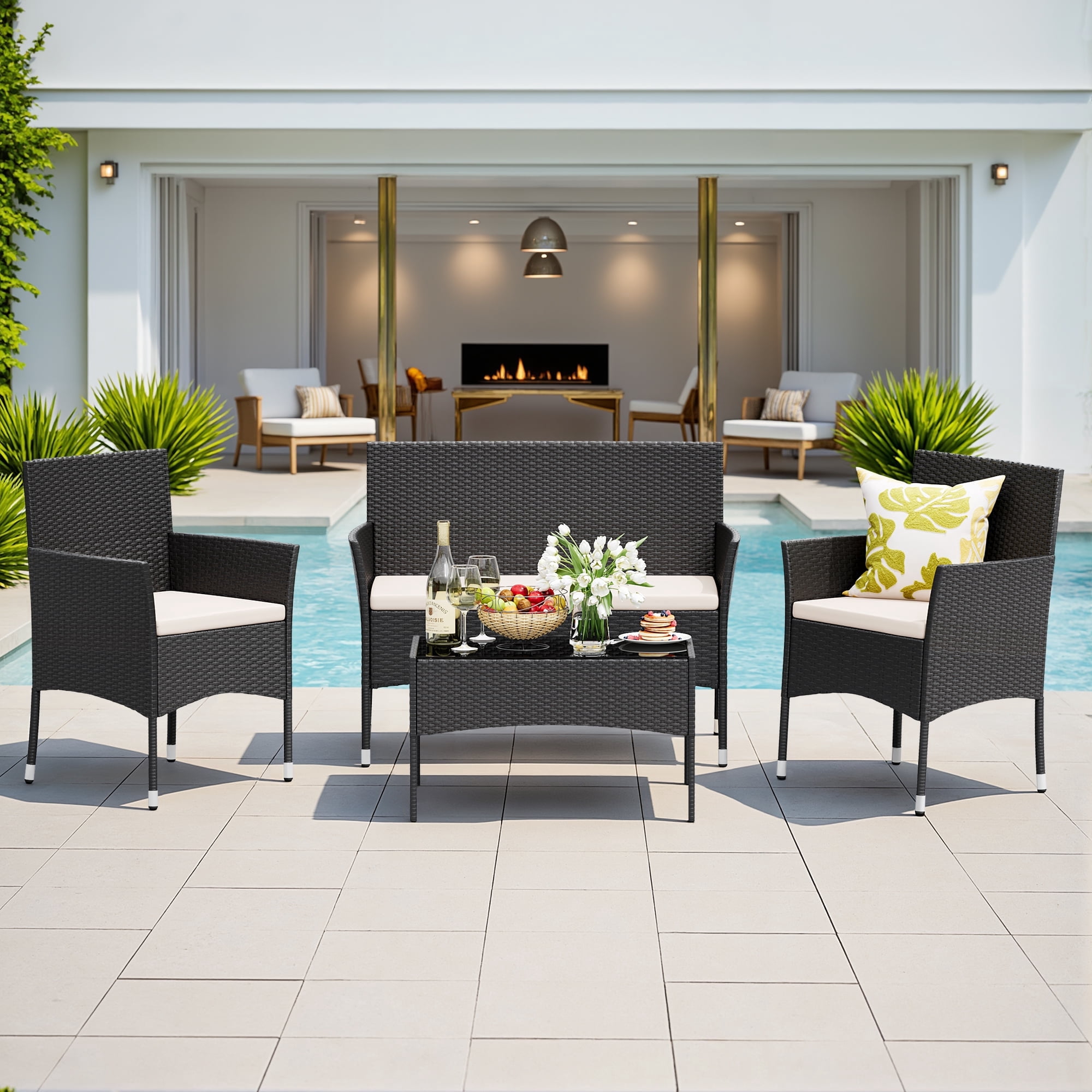 Lacoo 4 Pieces Patio Furniture Set Outdoor Conversation Wicker Rattan Chairs Seating with Cushion and Glass Table Weather-Resistant for Garden Backyard Porch, Beige