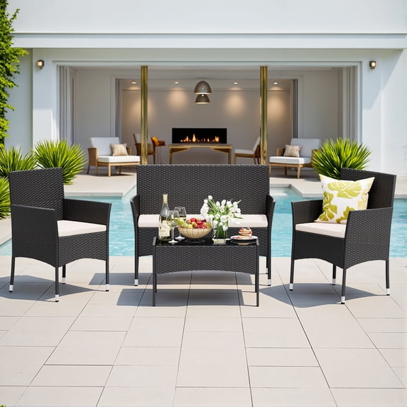 Lacoo 4 Pieces Patio Furniture Set Outdoor Conversation Wicker Rattan Chairs Seating with Cushion and Glass Table Weather-Resistant for Garden Backyard Porch, Beige