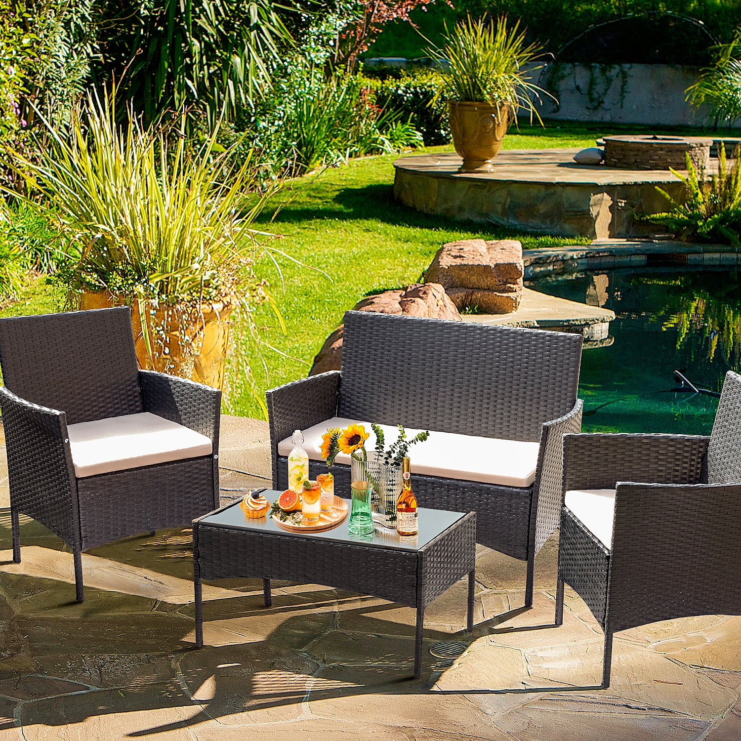 Lacoo 4 Piece Outdoor Patio Furniture PE Rattan Wicker Table and Chairs Set, Beige - image 1 of 7
