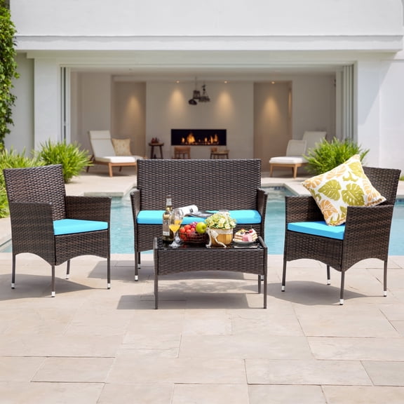 Lacoo 4 Piece Outdoor Patio Furniture PE Rattan Wicker Table and Chairs Set with Cushions, Blue