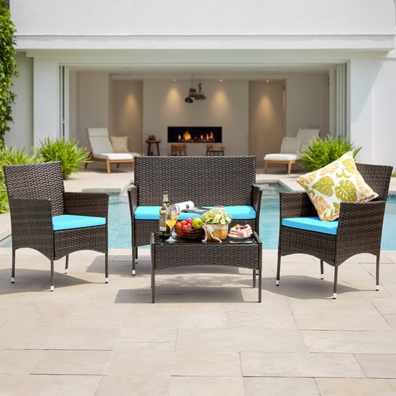 Lacoo 4 Piece Outdoor Patio Furniture PE Rattan Wicker Table and Chairs Set with Cushions, Blue
