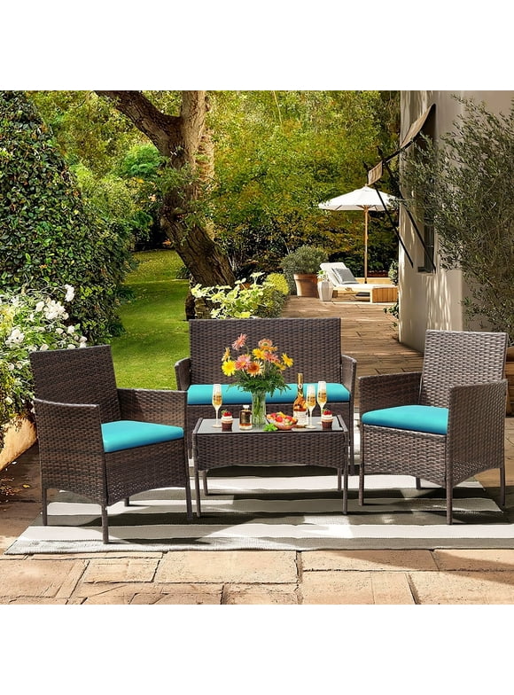 Lacoo 4 Piece Outdoor Patio Furniture PE Rattan Wicker Table and Chairs Set with Cushions, Blue