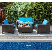 Lacoo 4-Piece Wicker Outdoor Patio Indoor Conversation Set with Cushions, Brown/Blue