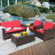 Lacoo 4-Piece Wicker Outdoor Patio Indoor Conversation Set with Cushions, Brown/Red