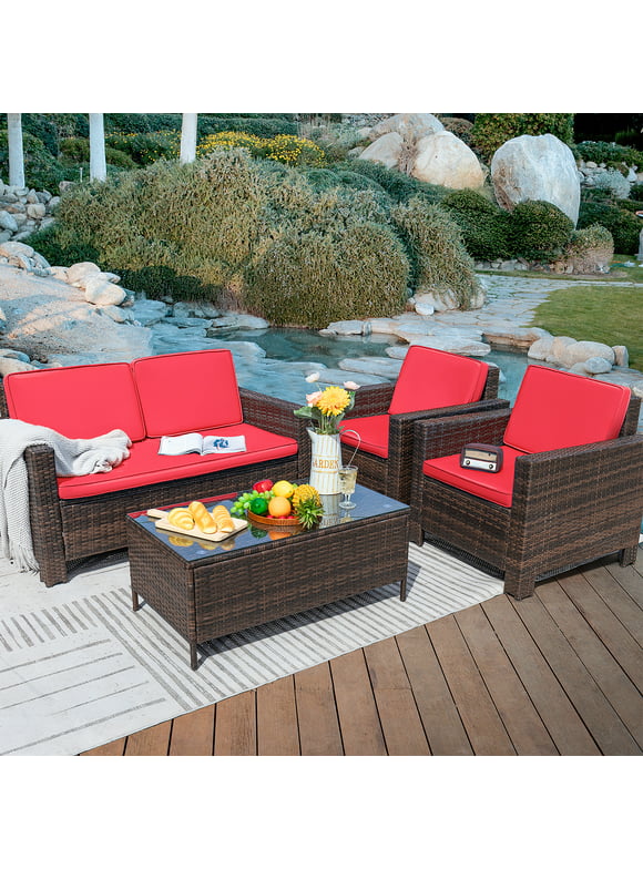 Lacoo 4-Piece Wicker Outdoor Patio Indoor Conversation Set with Cushions, Brown/Red