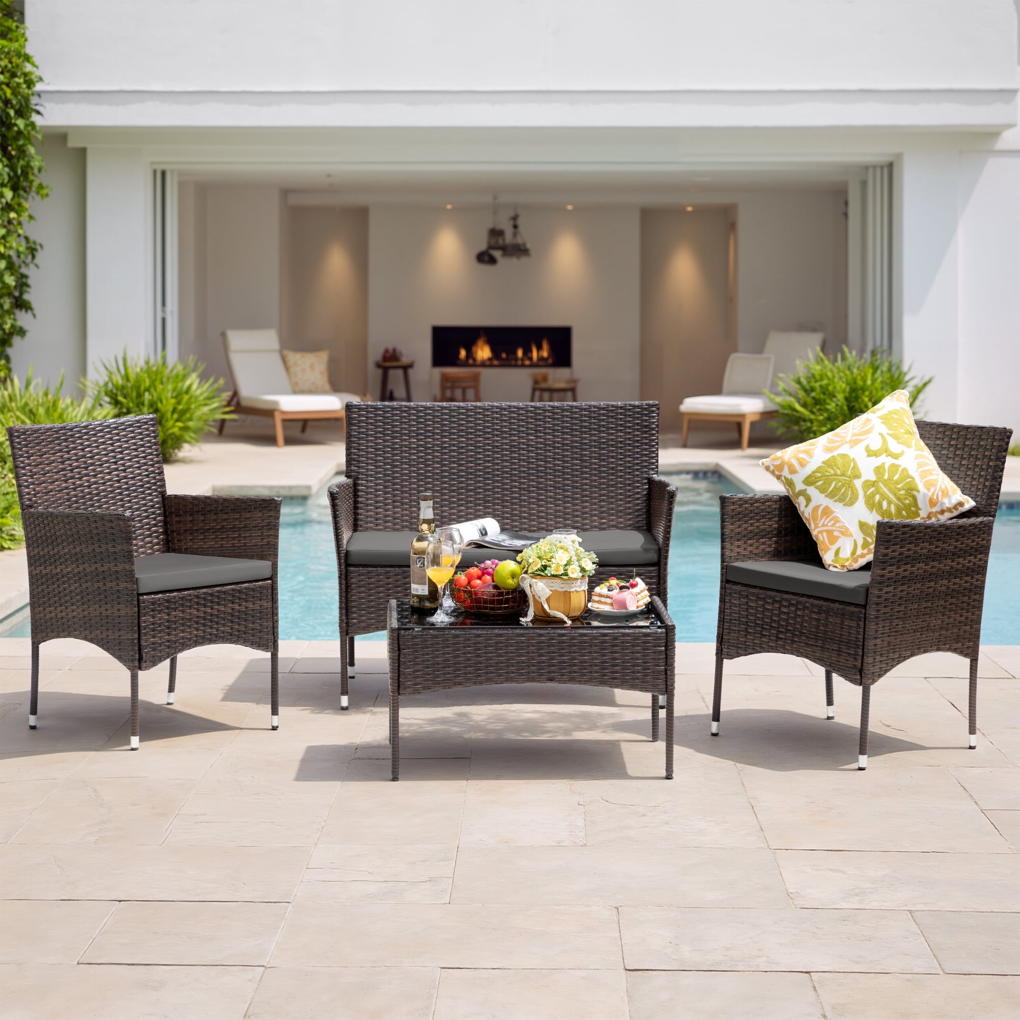 Lacoo 4 Pieces Outdoor Brown PE Rattan Wicker Table and Chairs Set Balcony Tempered Glass,Gray
