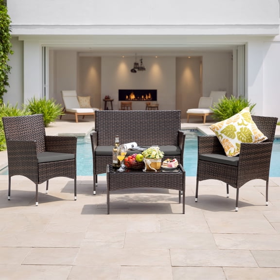 Lacoo 4 Pieces Outdoor Brown PE Rattan Wicker Table and Chairs Set Balcony Tempered Glass,Gray