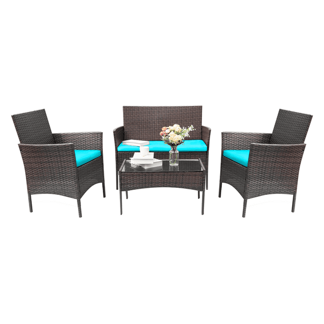 Lacoo 4 Pieces Outdoor Patio Furniture Brown PE Rattan Wicker Table and Chairs Set Bar Balcony Backyard Garden Porch Sets with Cushioned Tempered Glass, Blue Cushion