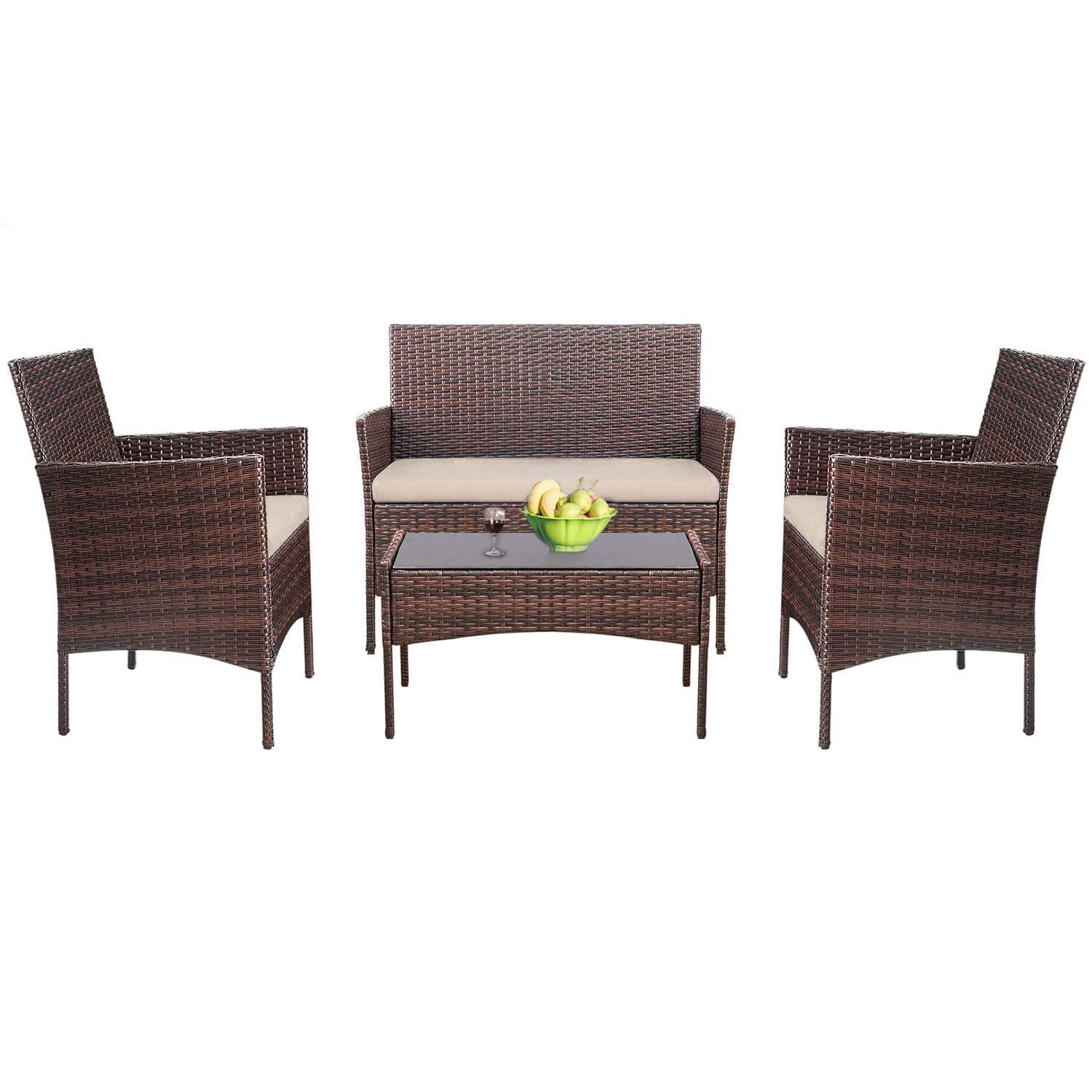 Lacoo 4pc Rattan Wicker Outdoor Patio Set, Tempered Glass Table & Beige Cushions