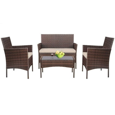 Lacoo 4 Pieces Outdoor Patio Furniture PE Rattan Wicker Table and Chairs Set Bars with Cushioned Tempered Glass, Beige Cushion