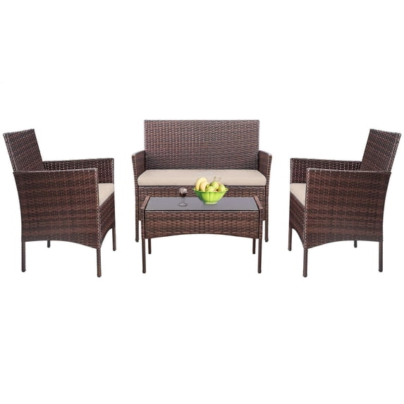 Lacoo 4 Pieces Outdoor Patio Furniture PE Rattan Wicker Table and Chairs Set Bars with Cushioned Tempered Glass, Beige Cushion