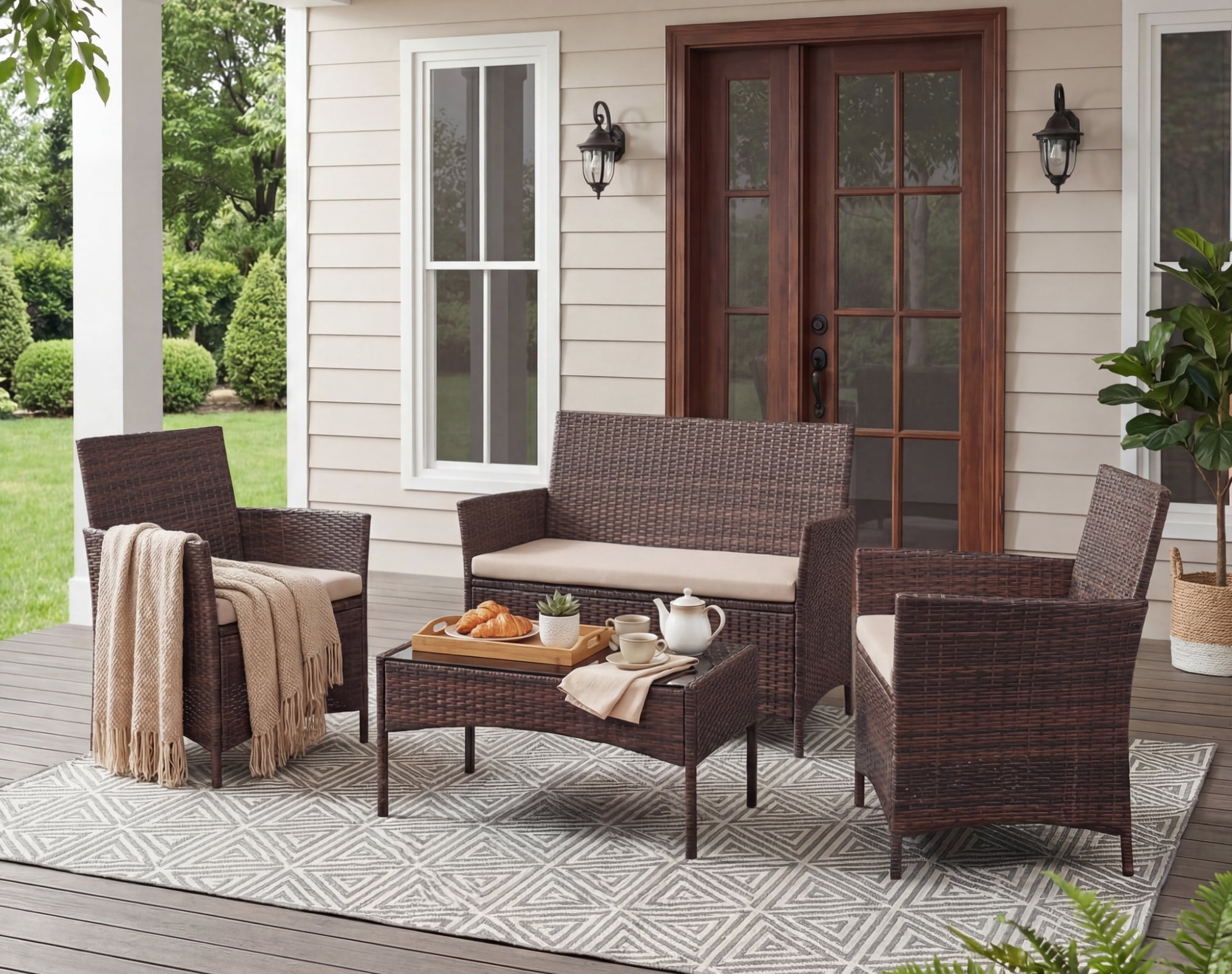 Lacoo 4 Pieces Patio Furniture Set Outdoor Conversation Wicker Rattan Chairs Seating with Cushion and Glass Table Weather-Resistant for Garden Backyard Porch, Brown