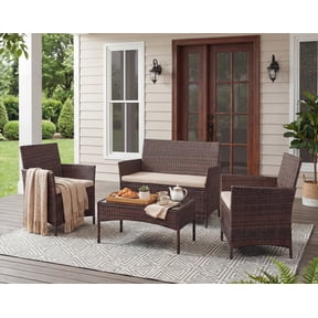 Lacoo 4 Pieces Patio Furniture Set Outdoor Conversation Wicker Rattan Chairs Seating with Cushion and Glass Table Weather-Resistant for Garden Backyard Porch, Brown