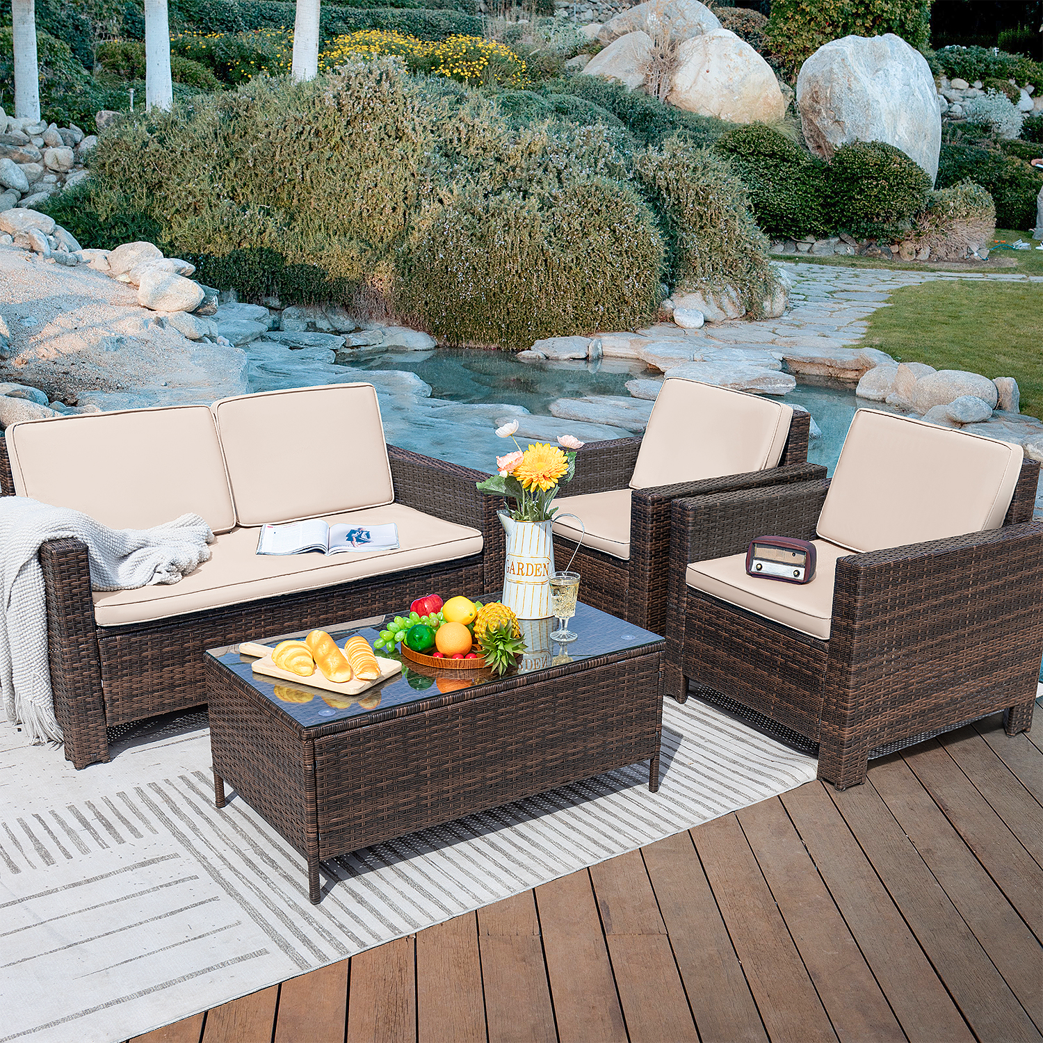 Lacoo 4 Pieces Patio Furniture Sets Rattan Chair Wicker Conversation Sofa Set Outdoor Backyard Porch Garden Poolside Balcony Use Furniture, Beige - image 1 of 7